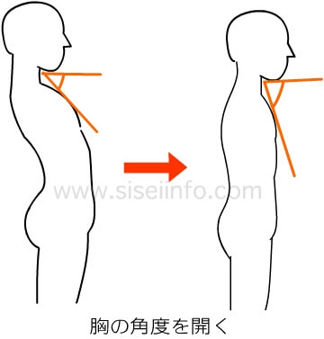 胸の前の角度を下げるように矯正する